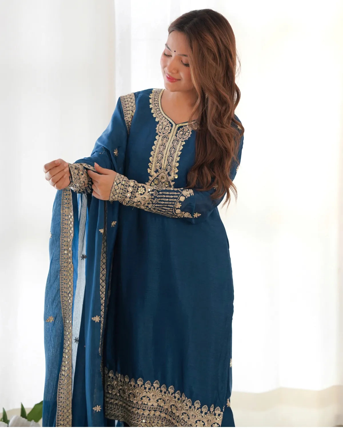 Straight Kurta Set in Pure Chinon Silk with Embroidery, Sequence & Jari Work | Dupatta & Pant | Ready to Wear Ethnic Set for Women