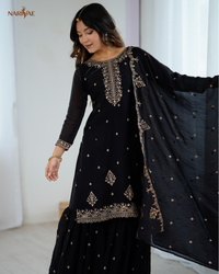 Sharara Set in Pure Soft Crunchy Silk | Embroidered Kediya Kurta with Fully Flared Sharara & Dupatta | Fully Stitched Ready to Wear Ethnic Set for Women