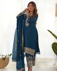 Straight Kurta Set in Pure Chinon Silk with Embroidery, Sequence & Jari Work | Dupatta & Pant | Ready to Wear Ethnic Set for Women