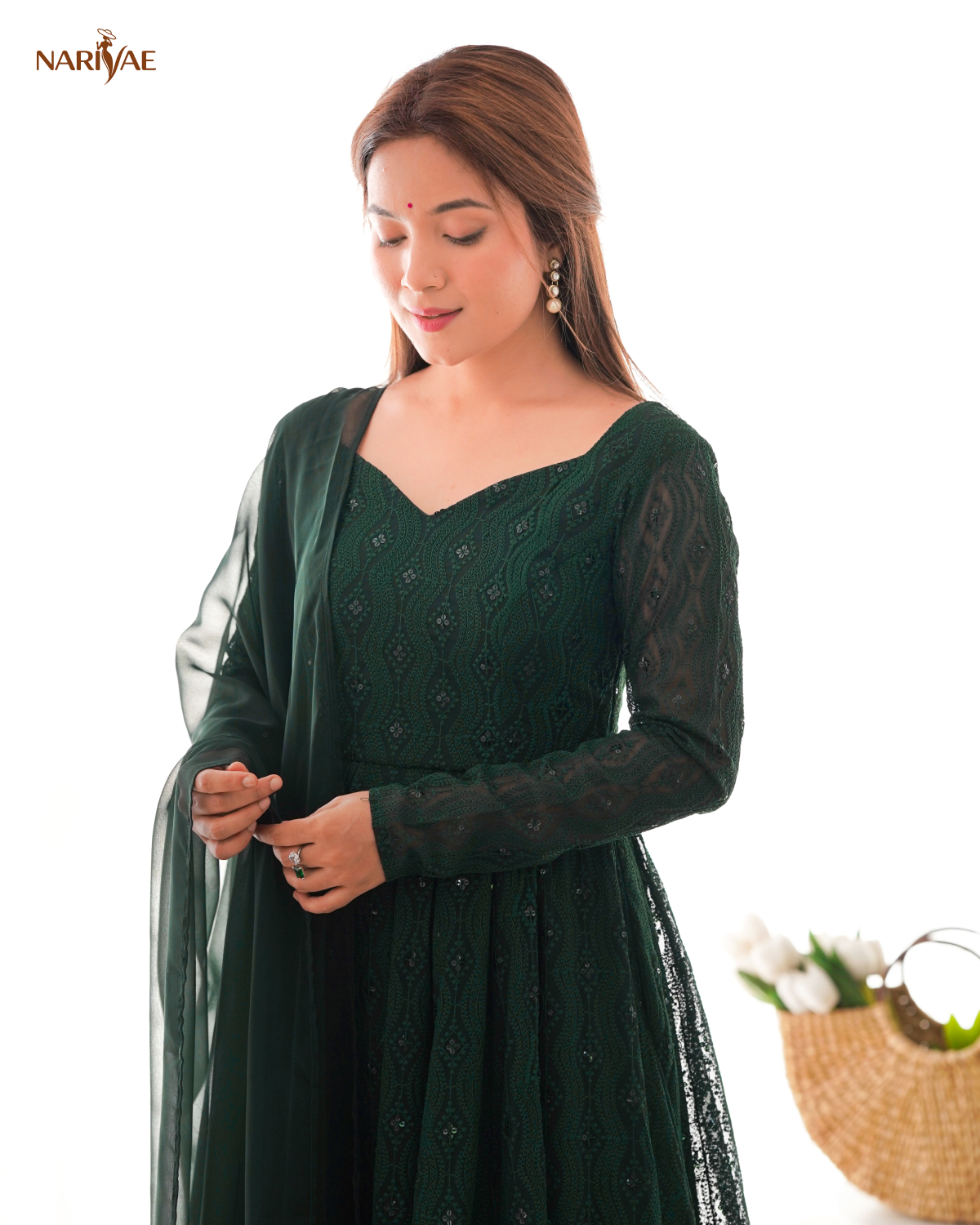 Anarkali Gown Set in Soft Fox Georgette | Lucknowi Sequence Work Kali Cut Fully Flared Gown with Pant & Ruffle Dupatta | Ready to Wear Ethnic Set for Women