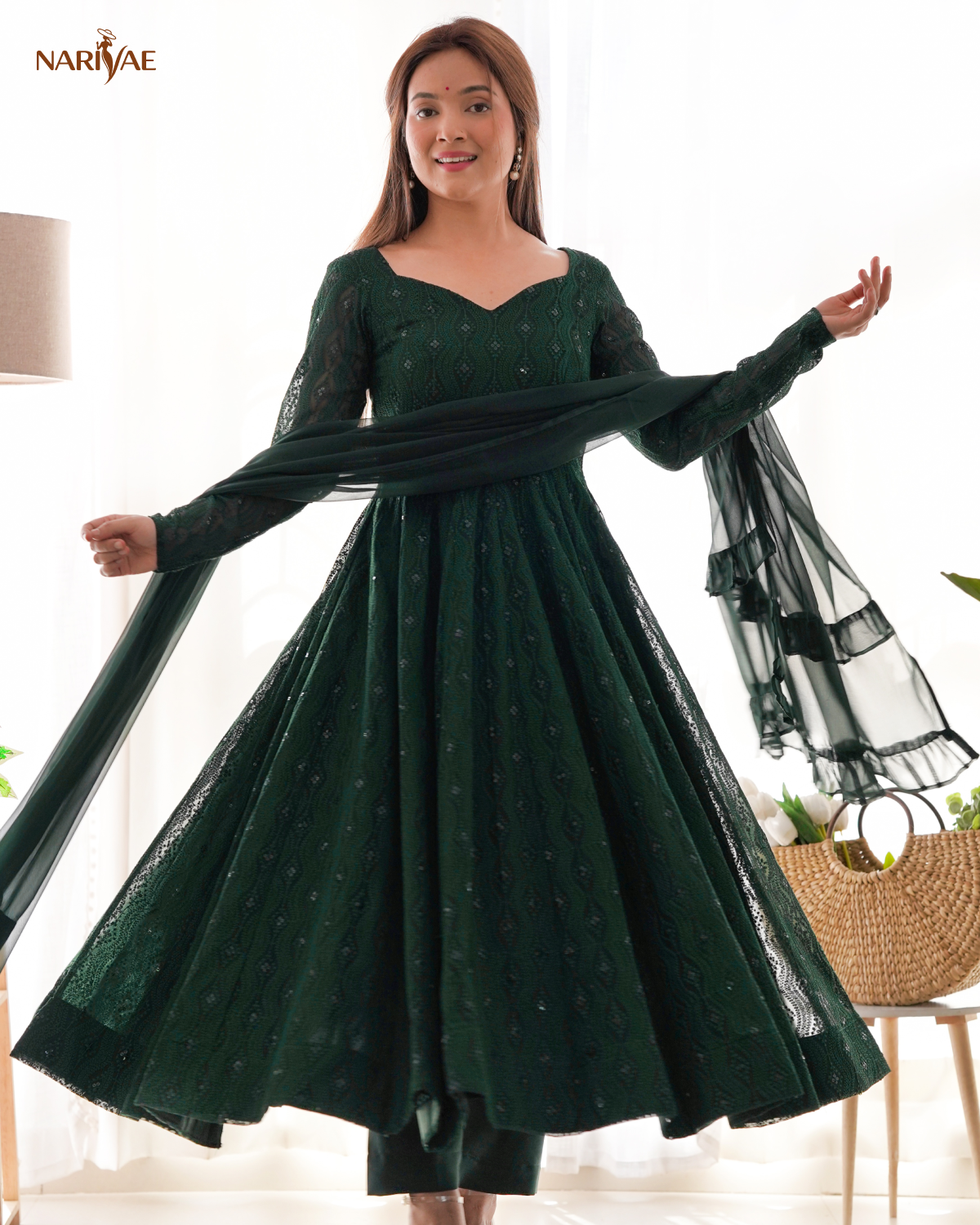 Anarkali Gown Set in Soft Fox Georgette | Lucknowi Sequence Work Kali Cut Fully Flared Gown with Pant & Ruffle Dupatta | Ready to Wear Ethnic Set for Women
