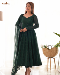 Anarkali Gown Set in Soft Fox Georgette | Lucknowi Sequence Work Kali Cut Fully Flared Gown with Pant & Ruffle Dupatta | Ready to Wear Ethnic Set for Women