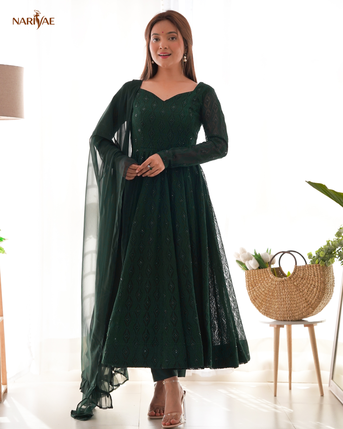 Anarkali Gown Set in Soft Fox Georgette | Lucknowi Sequence Work Kali Cut Fully Flared Gown with Pant & Ruffle Dupatta | Ready to Wear Ethnic Set for Women