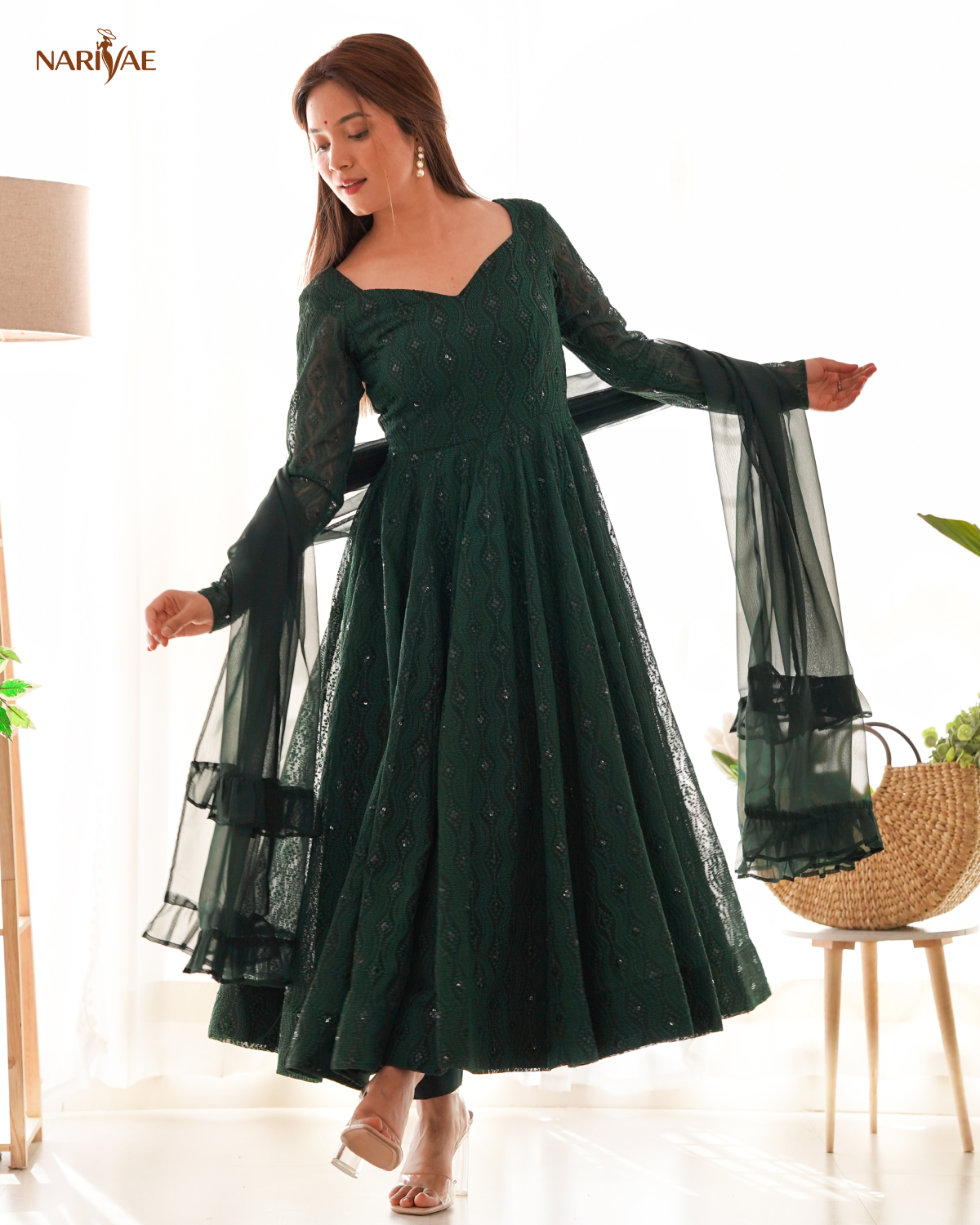 Anarkali Gown Set in Soft Fox Georgette | Lucknowi Sequence Work Kali Cut Fully Flared Gown with Pant & Ruffle Dupatta | Ready to Wear Ethnic Set for Women