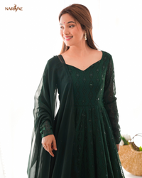 Anarkali Gown Set in Soft Fox Georgette | Lucknowi Sequence Work Kali Cut Fully Flared Gown with Pant & Ruffle Dupatta | Ready to Wear Ethnic Set for Women