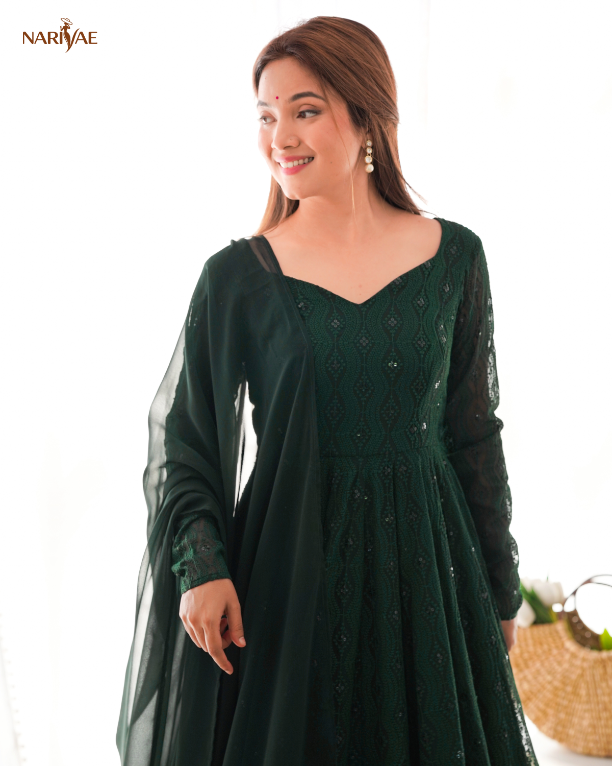 Anarkali Gown Set in Soft Fox Georgette | Lucknowi Sequence Work Kali Cut Fully Flared Gown with Pant & Ruffle Dupatta | Ready to Wear Ethnic Set for Women