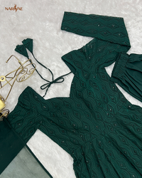 Anarkali Gown Set in Soft Fox Georgette | Lucknowi Sequence Work Kali Cut Fully Flared Gown with Pant & Ruffle Dupatta | Ready to Wear Ethnic Set for Women