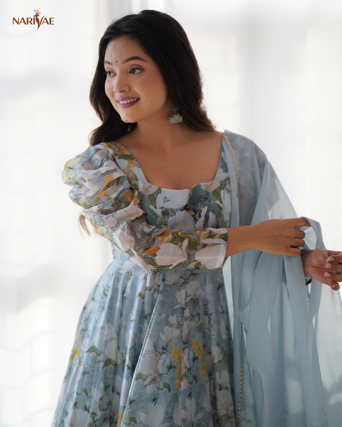 Floral Print Anarkali Gown Set in Soft Organza Silk | Kali Cut Fully Flared Designer Gown with Pant & Gota Patti Dupatta | Ready to Wear Ethnic Set for Women
