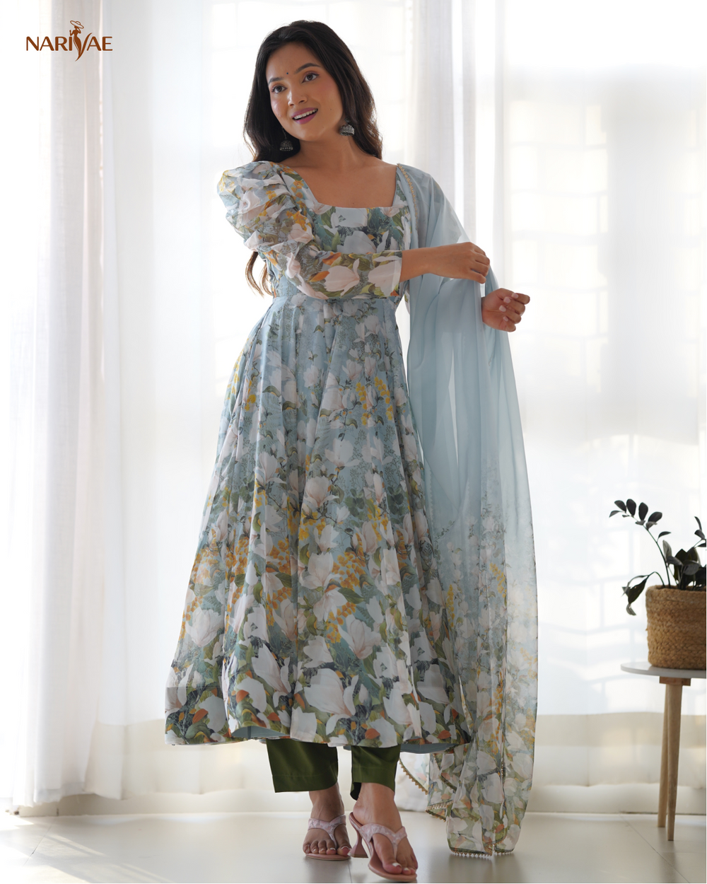 Floral Print Anarkali Gown Set in Soft Organza Silk | Kali Cut Fully Flared Designer Gown with Pant & Gota Patti Dupatta | Ready to Wear Ethnic Set for Women