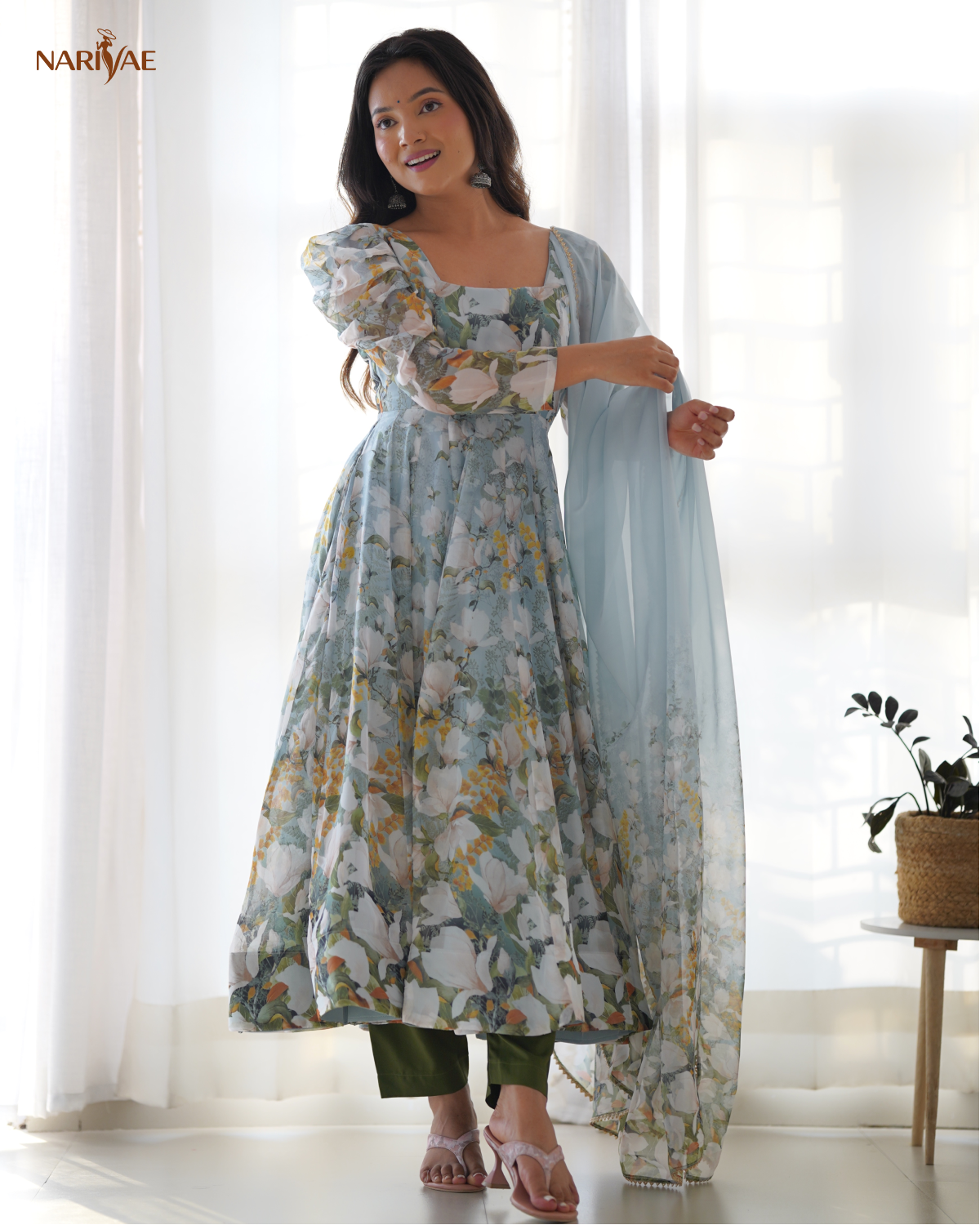 Floral Print Anarkali Gown Set in Soft Organza Silk | Kali Cut Fully Flared Designer Gown with Pant & Gota Patti Dupatta | Ready to Wear Ethnic Set for Women