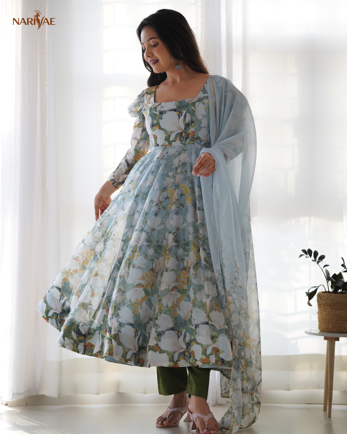 Floral Print Anarkali Gown Set in Soft Organza Silk | Kali Cut Fully Flared Designer Gown with Pant & Gota Patti Dupatta | Ready to Wear Ethnic Set for Women