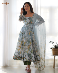Floral Print Anarkali Gown Set in Soft Organza Silk | Kali Cut Fully Flared Designer Gown with Pant & Gota Patti Dupatta | Ready to Wear Ethnic Set for Women