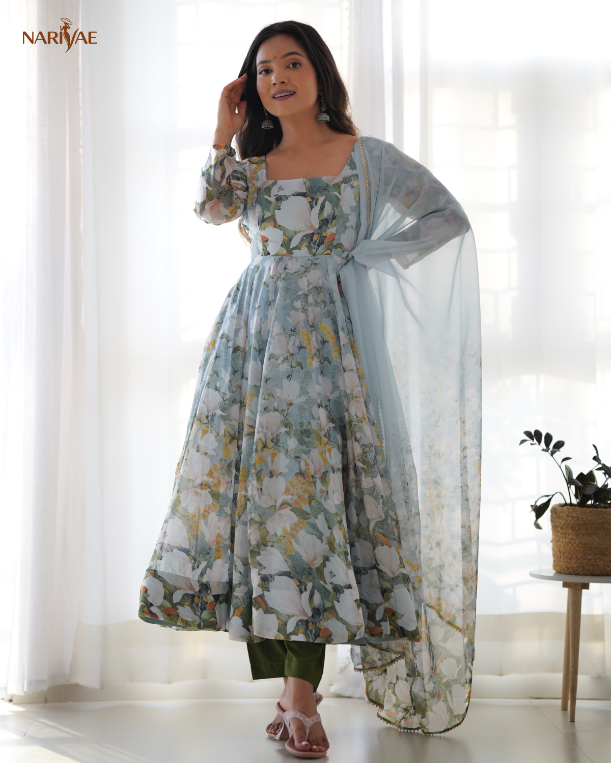 Floral Print Anarkali Gown Set in Soft Organza Silk | Kali Cut Fully Flared Designer Gown with Pant & Gota Patti Dupatta | Ready to Wear Ethnic Set for Women