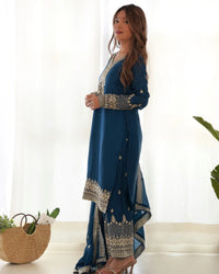 Straight Kurta Set in Pure Chinon Silk with Embroidery, Sequence & Jari Work | Dupatta & Pant | Ready to Wear Ethnic Set for Women