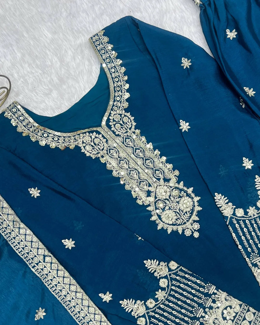 Straight Kurta Set in Pure Chinon Silk with Embroidery, Sequence & Jari Work | Dupatta & Pant | Ready to Wear Ethnic Set for Women