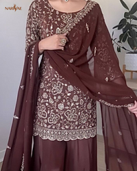 Designer Faux Georgette Sharara Palazzo Set | Embroidered Party Wear Top with Dupatta | Fully Stitched Ready to Wear Ethnic Outfit