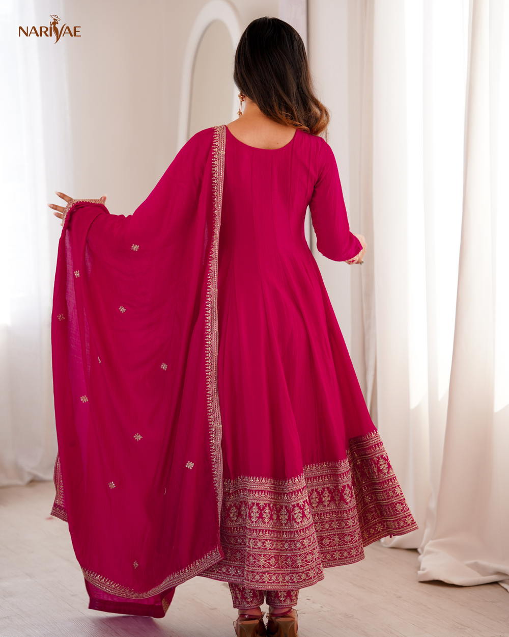 Vichitra Silk Anarkali Gown Set with Dori, Zari & Sequence Work | Full Kali Flare with Pant & Dupatta | Ready to Wear Ethnic Set for Women