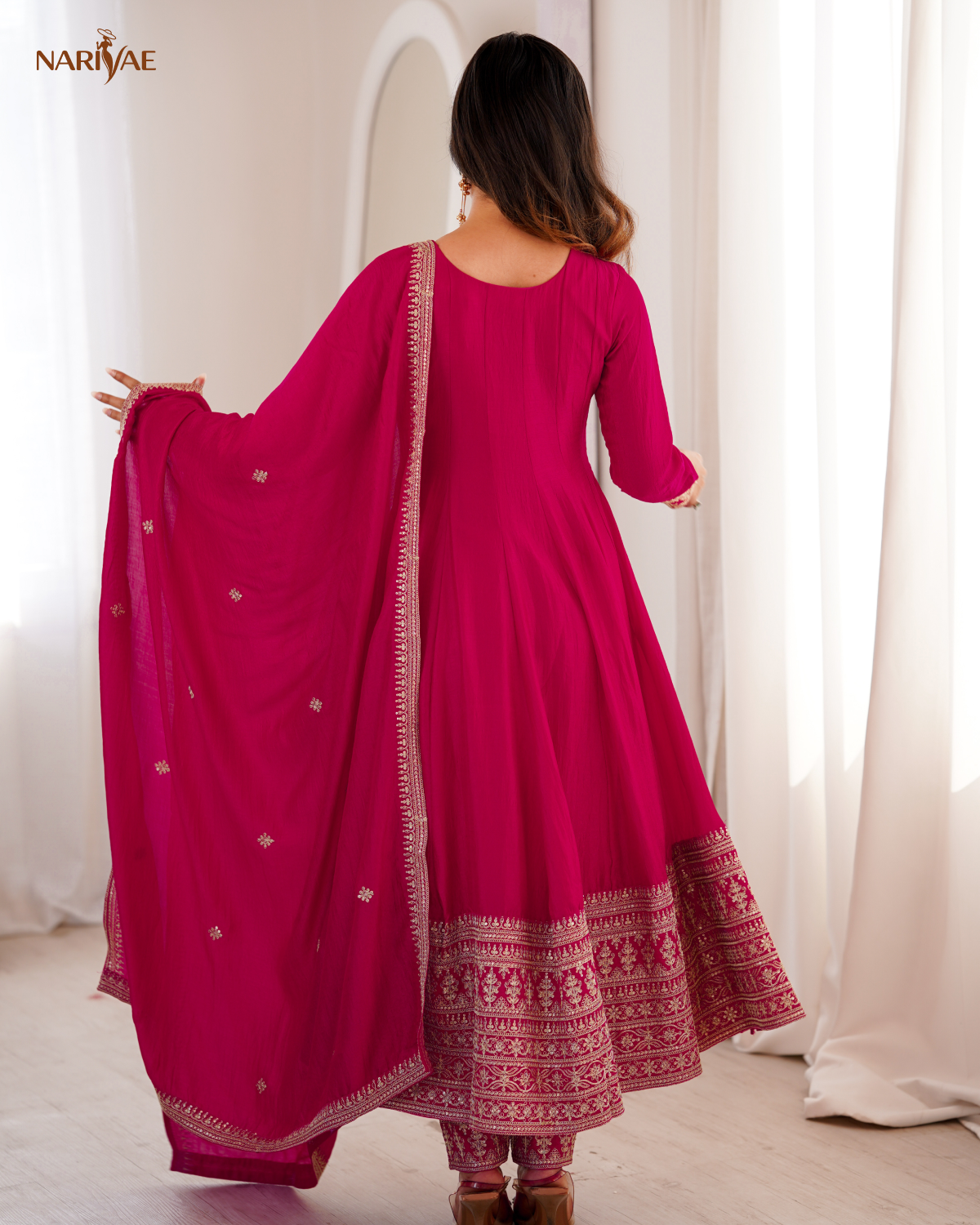 Vichitra Silk Anarkali Gown Set with Dori, Zari & Sequence Work | Full Kali Flare with Pant & Dupatta | Ready to Wear Ethnic Set for Women