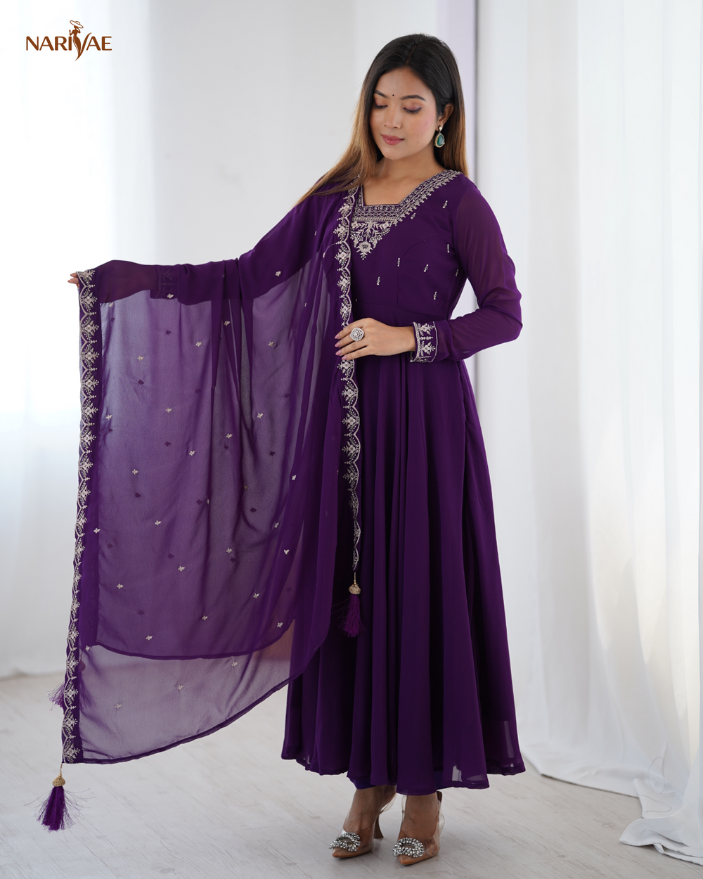 Anarkali Gown Set in Soft Fox Georgette with Beads & Zari Embroidery | 6.5 Meter Full Flair with Pant & Dupatta | Fully Stitched Ready to Wear Ethnic Set for Women