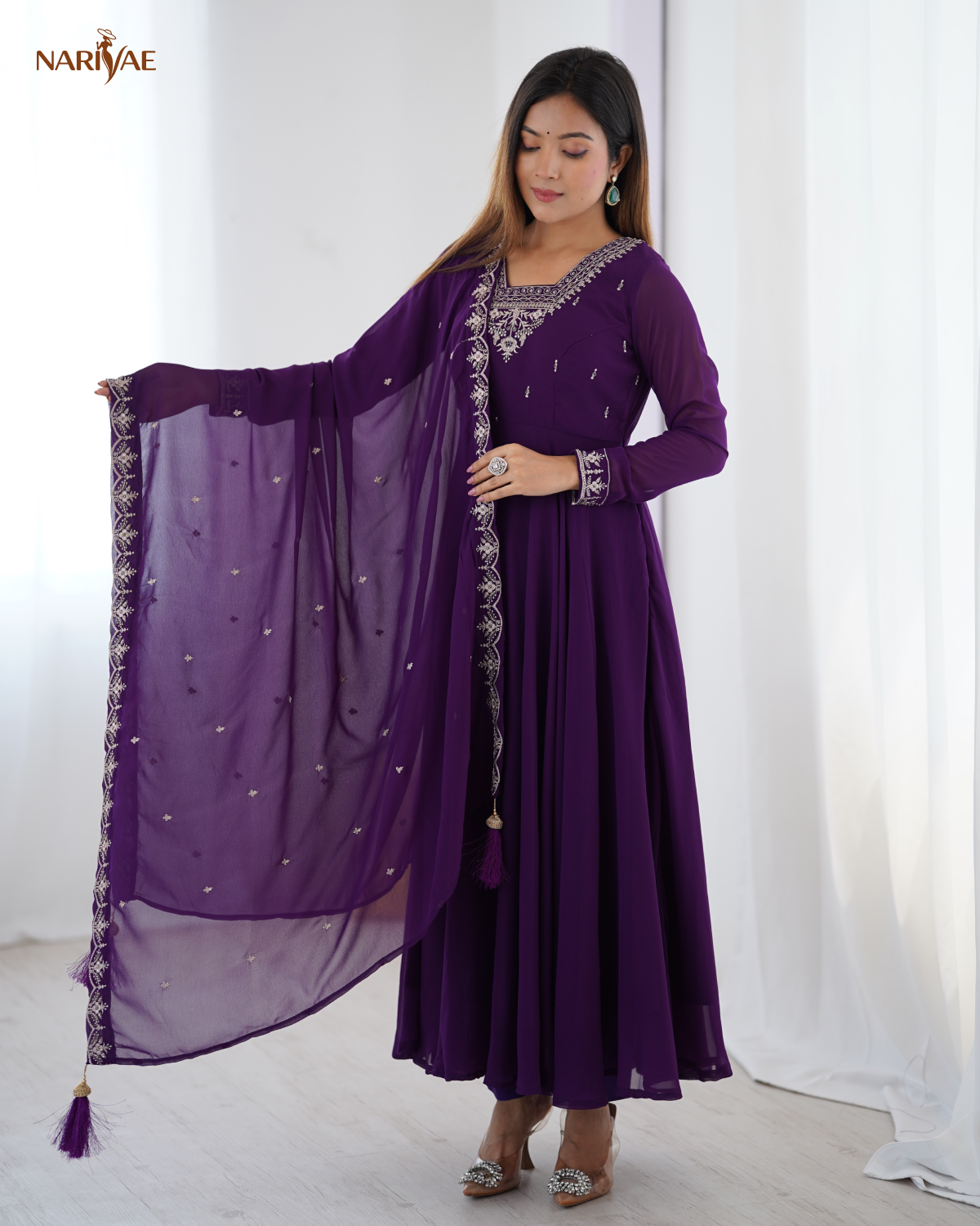 Anarkali Gown Set in Soft Fox Georgette with Beads & Zari Embroidery | 6.5 Meter Full Flair with Pant & Dupatta | Fully Stitched Ready to Wear Ethnic Set for Women