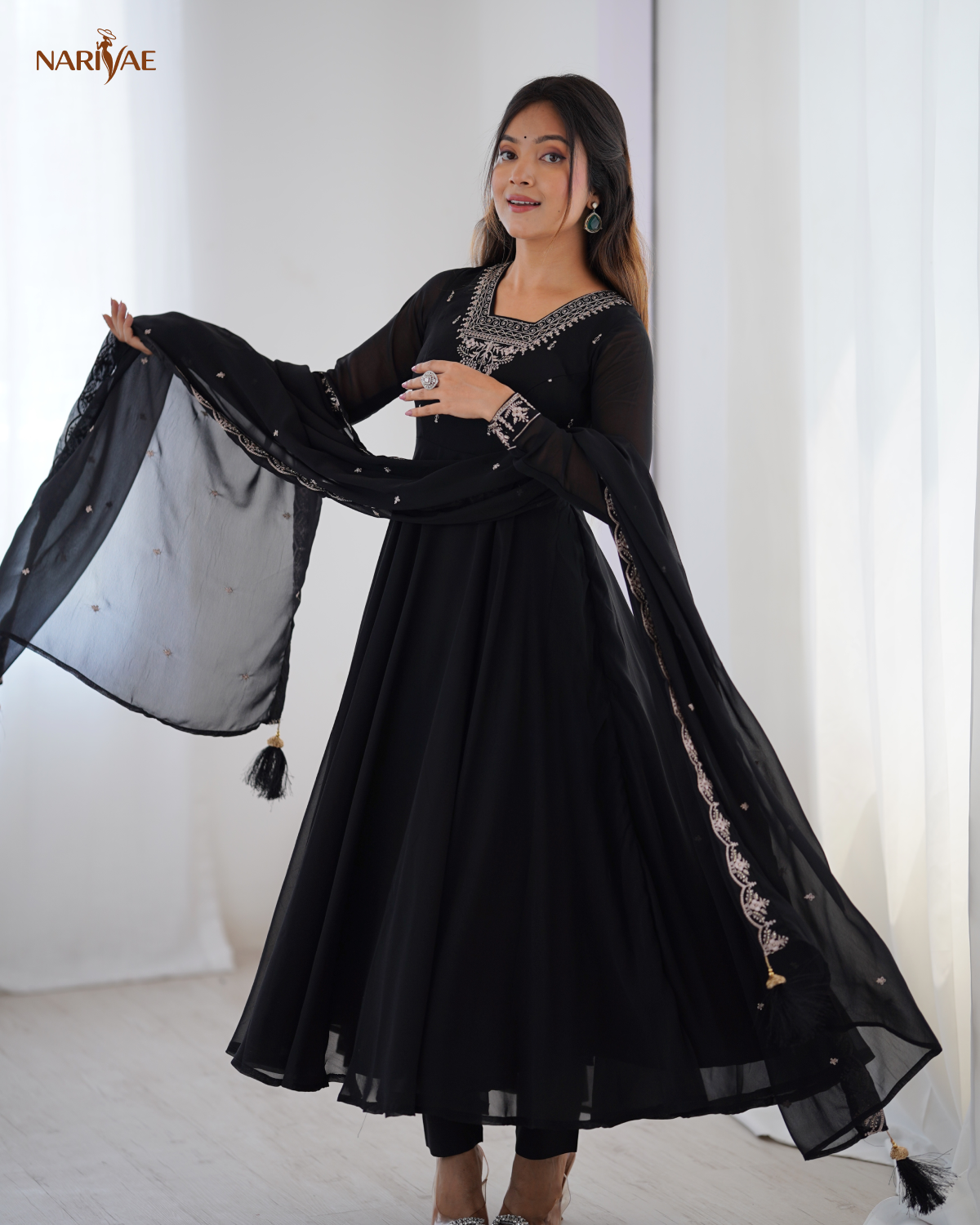 Anarkali Gown Set in Soft Fox Georgette with Beads & Zari Embroidery | 6.5 Meter Full Flair with Pant & Dupatta | Fully Stitched Ready to Wear Ethnic Set for Women