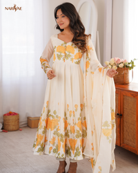 Soft Organza Silk Floral Anarkali Set with Kali Cut Flair | Potli Design Gown with Pant & Dupatta | Ready to Wear Ethnic Outfit