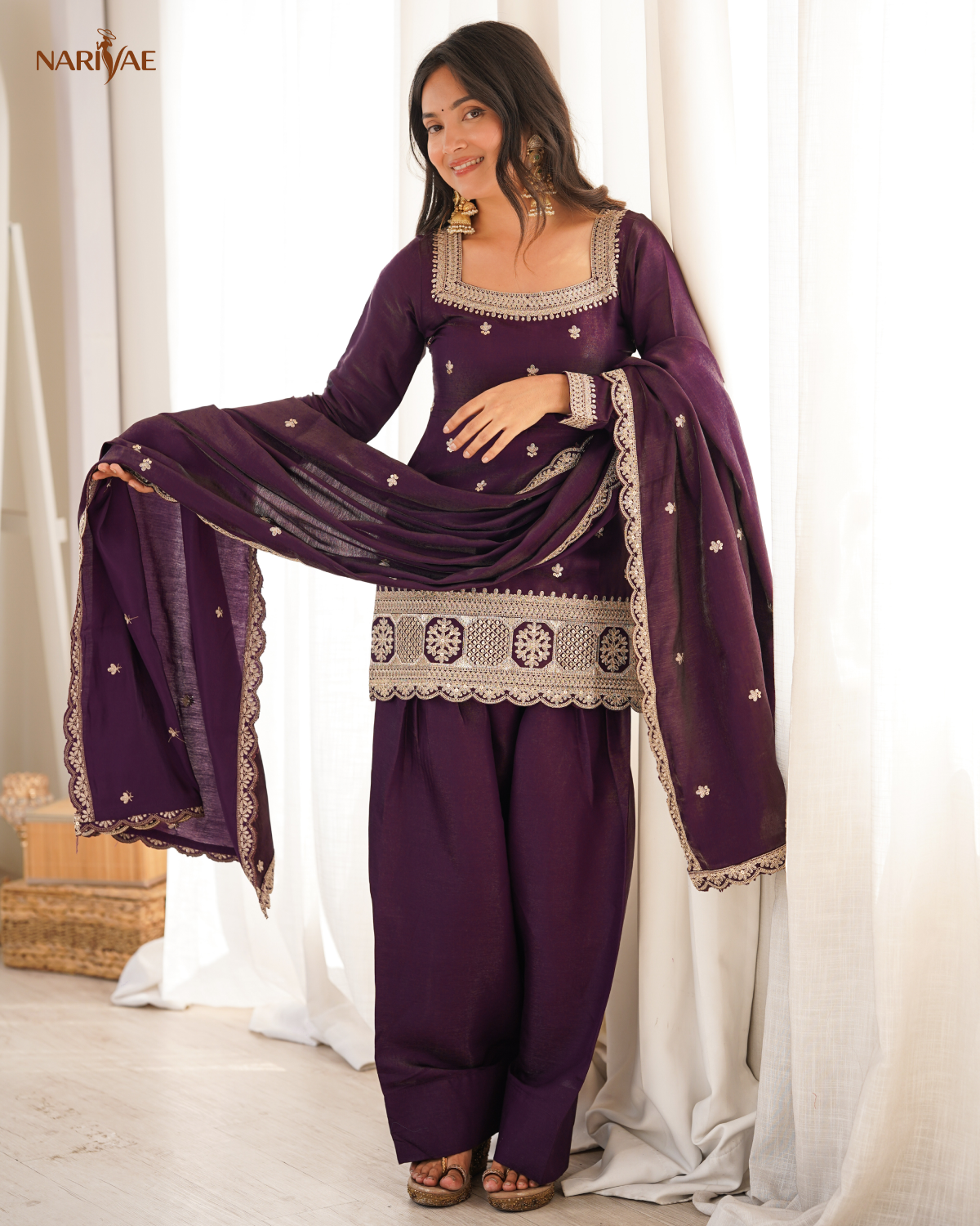 Glass Roman Silk Embroidered Kurta Set with Farshi Shalwar & Dupatta | Designer Ethnic Wear | Ready to Wear