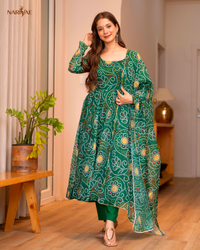 Printed Organza Anarkali Gown Set with Pant & Dupatta | 4 Meter Flair Wedding Wear | Fully Stitched Ready to Wear
