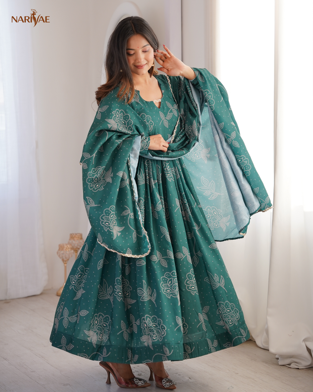 Printed Maslin Flared Gown Set with Pant & Dupatta | 4 Meter Flair Wedding Wear Ethnic Outfit | Fully Stitched Ready to Wear