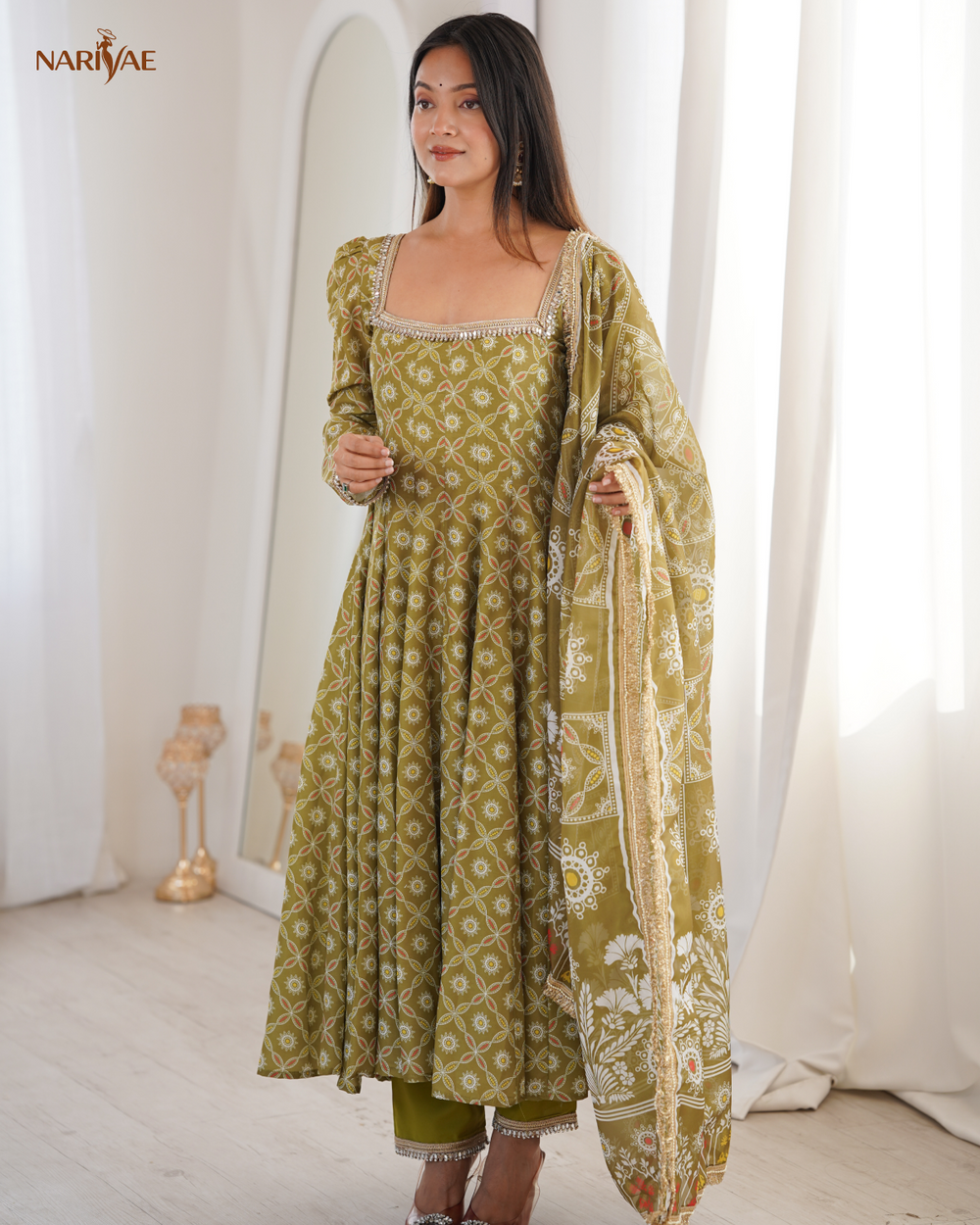 Printed Maslin Mirror Lace Work Gown Set with Pant & Organza Dupatta | Designer Ethnic Wear | Fully Stitched Ready to Wear