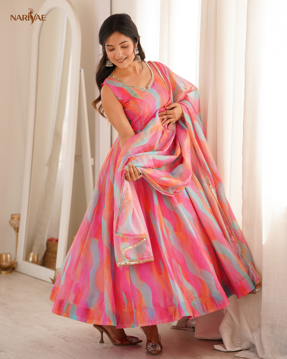 Tebi Organza Mirror Lace Work Gown Set with Pant & Dupatta | Designer Ethnic Wear | Fully Stitched Ready to Wear