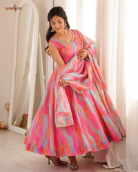 Tebi Organza Mirror Lace Work Gown Set with Pant & Dupatta | Designer Ethnic Wear | Fully Stitched Ready to Wear