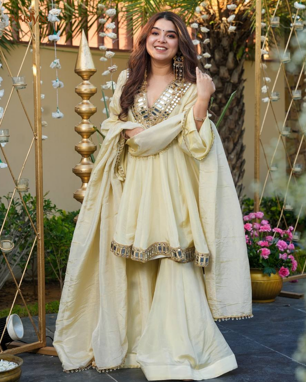 Cosmos Gold Jari Silk Sharara Set | Mirror Work Ethnic Top with Full Flair Palazzo & Dupatta | Ready to Wear Party Wear Outfit