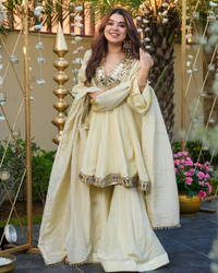 Cosmos Gold Jari Silk Sharara Set | Mirror Work Ethnic Top with Full Flair Palazzo & Dupatta | Ready to Wear Party Wear Outfit