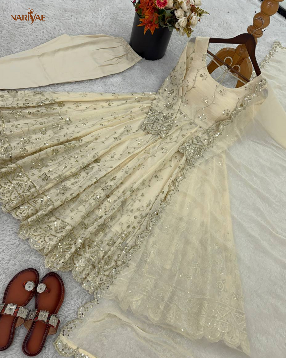Crunchy Silk Embroidered Gown Set | Designer Ethnic Gown with Pant & Lace Border Dupatta | Fully Stitched Ready to Wear Outfit